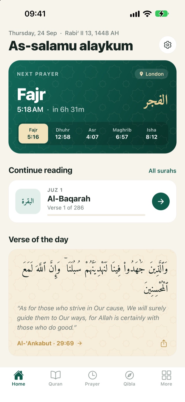 Quba home screen with the next prayer and verse of the day