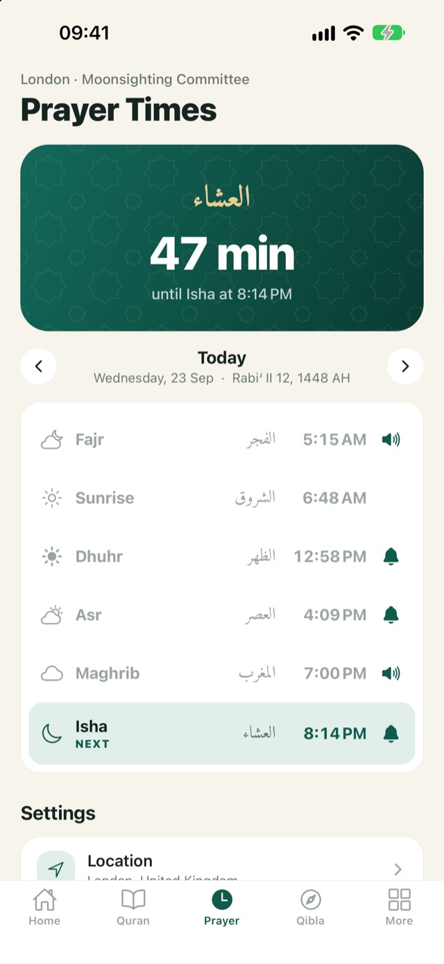 Today’s prayer times with a countdown to the next prayer