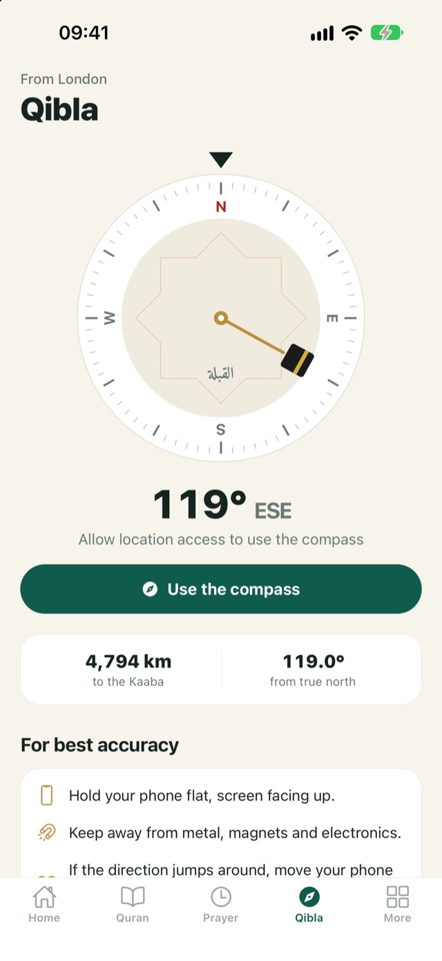 The Qibla compass pointing towards Makkah